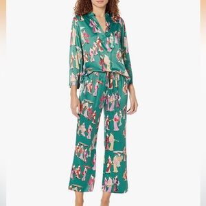Natori Women's Satin Pajama Set - Green with Geisha Print